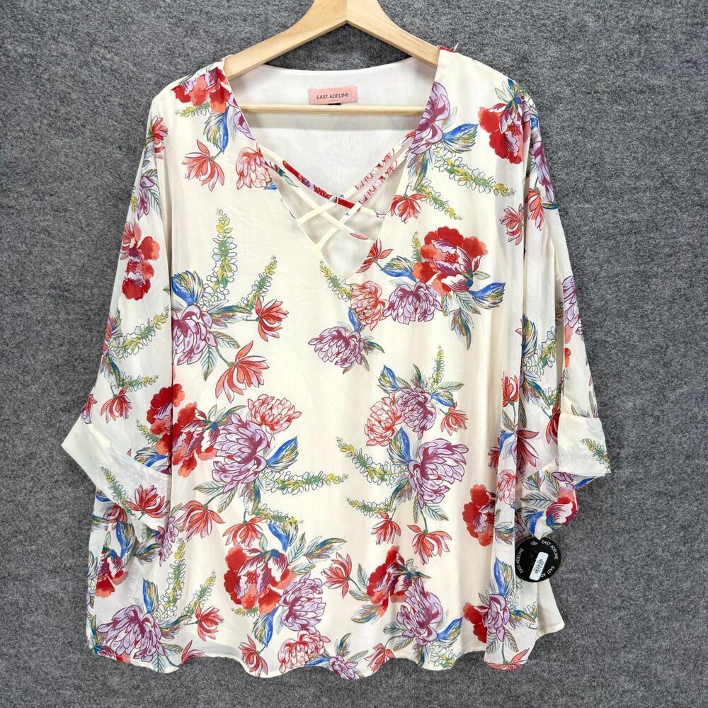 New East Adeline Blouse Women 2X Plus Beige Floral V-Neck 3/4 Sleeve Lined